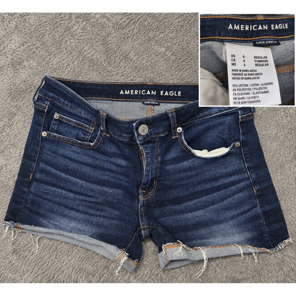 American Eagle Super Stretch Dark Wash Raw Hem Denim Shorts Womens 6 Regular